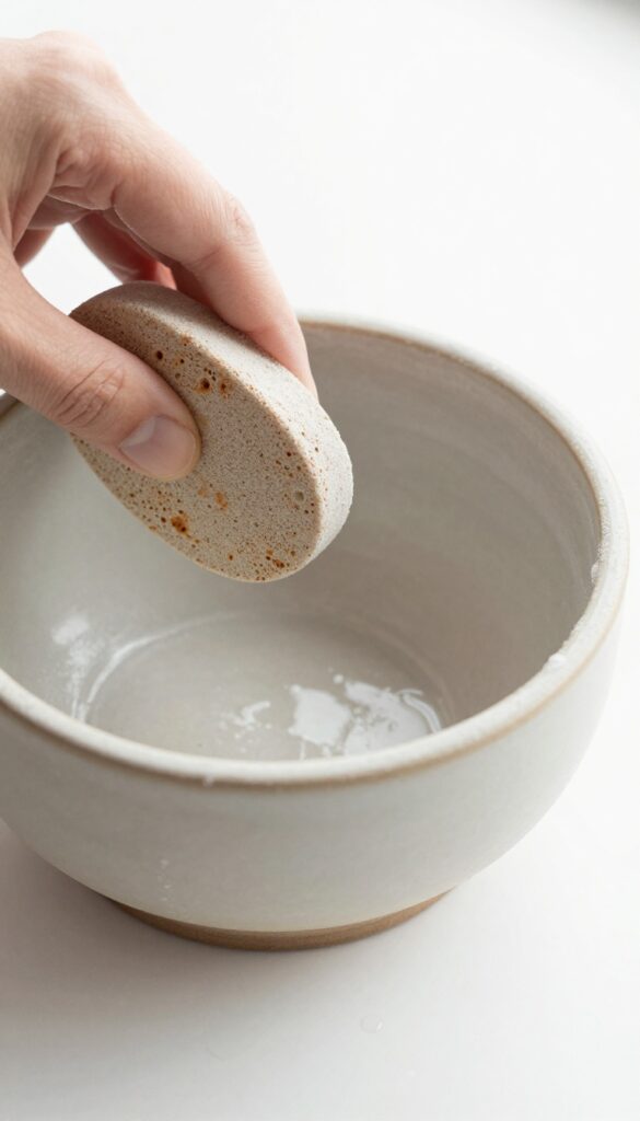 Wet pumice stone cleaning burnt marks off ceramic pot bottom