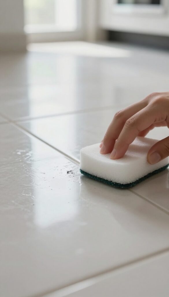 Hand using a magic eraser sponge to clean a scuff mark on a ceramic tile floor