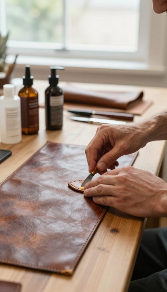 Professional leather restoration specialist conditioning an antique leather sofa with specialized products in a bright workshop.