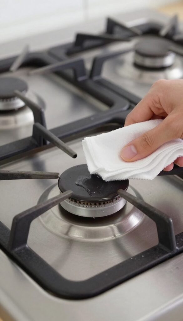 Cleaning a gas stove with rubbing alcohol to remove grease