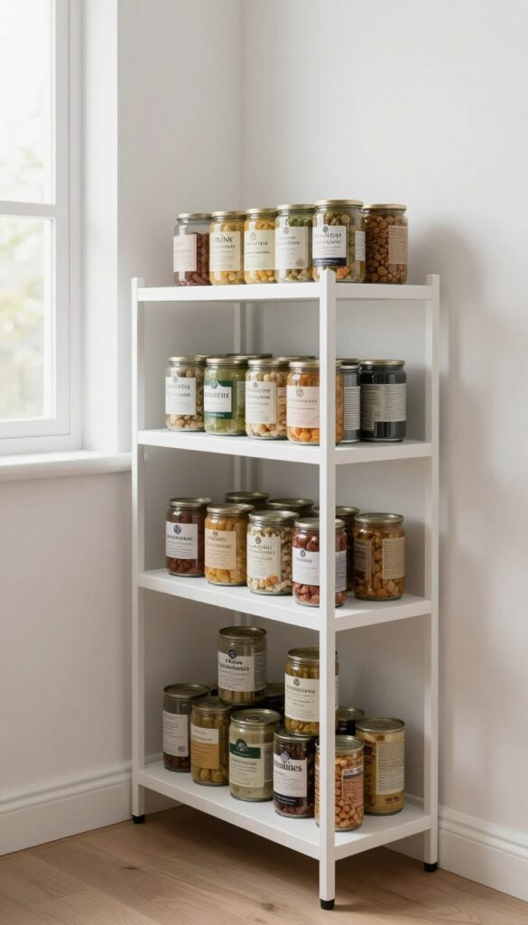 Small corner pantry with tiered shelving risers organizing canned goods and jars for easy visibility