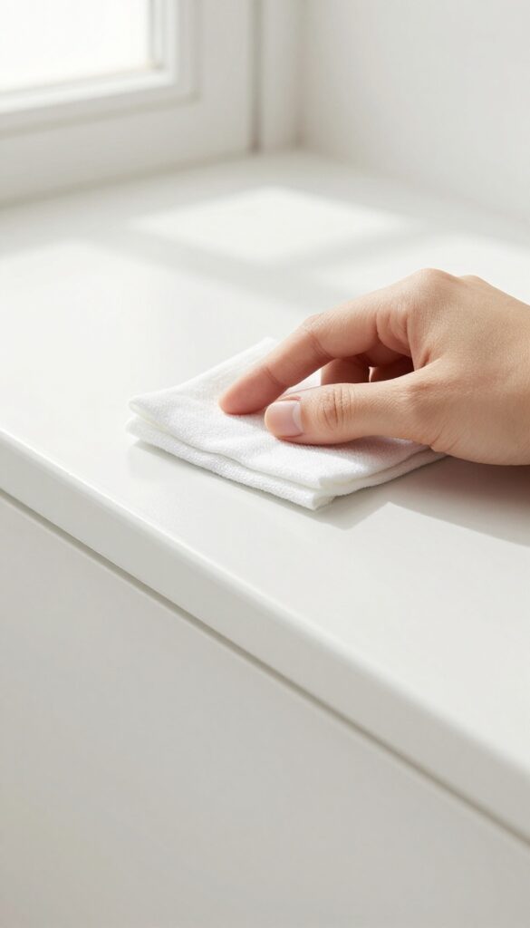 Person wiping a white baseboard with a used dryer sheet in a sunlit room