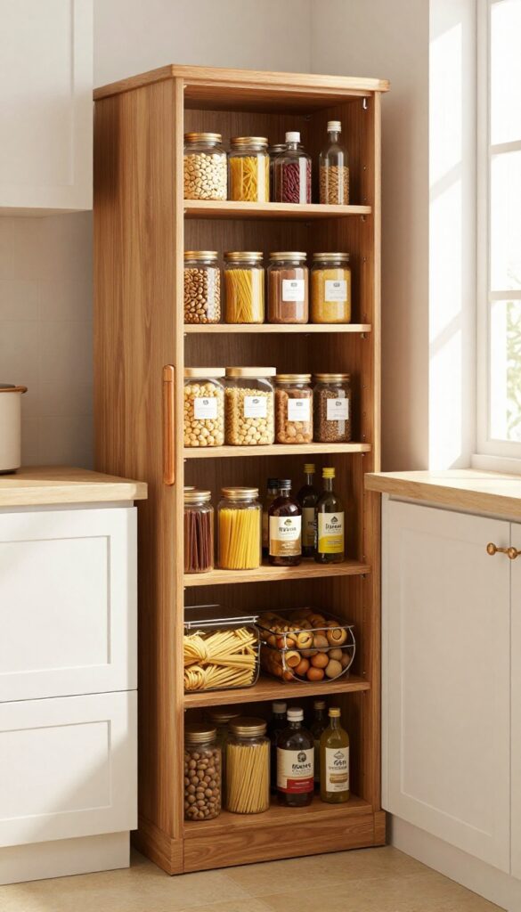 Pull-out pantry tower in a kitchen corner, fully extended with organized dry goods and spices