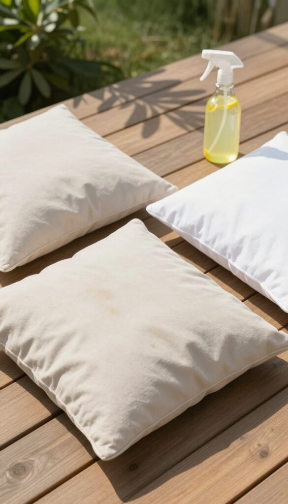 Sofa cushion covers sun bleaching on deck with lemon juice spray bottle
