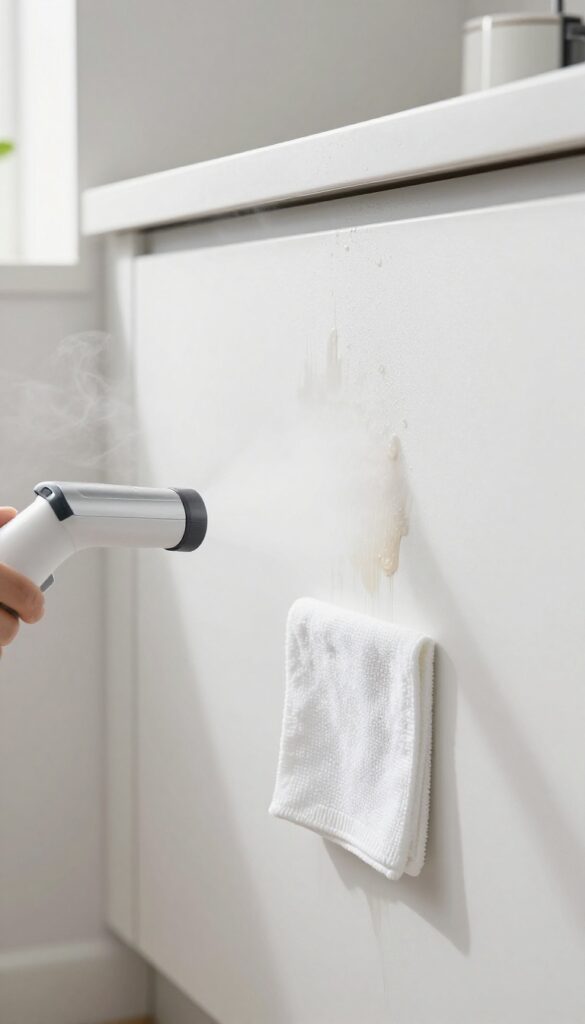Handheld steam cleaner cleaning a greasy stain on a white kitchen wall