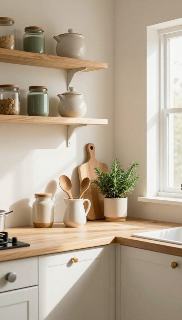 Open pantry shelf with wooden cutting board, ceramic pitcher, and potted rosemary in a bright kitchen