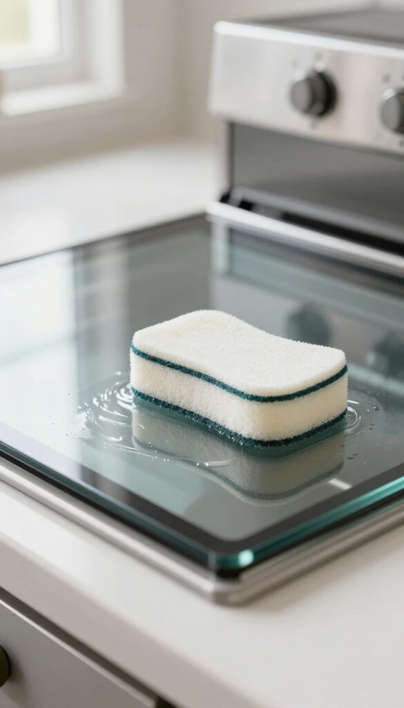 Cleaning oven door glass with a damp magic eraser sponge