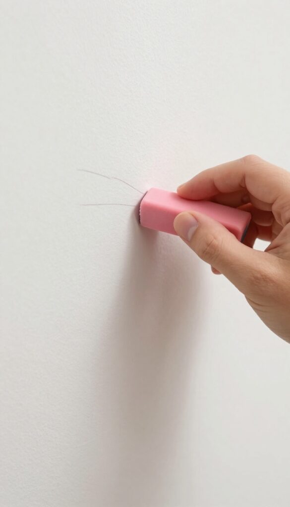 Hand erasing pencil mark from a light-colored wall with a pink eraser