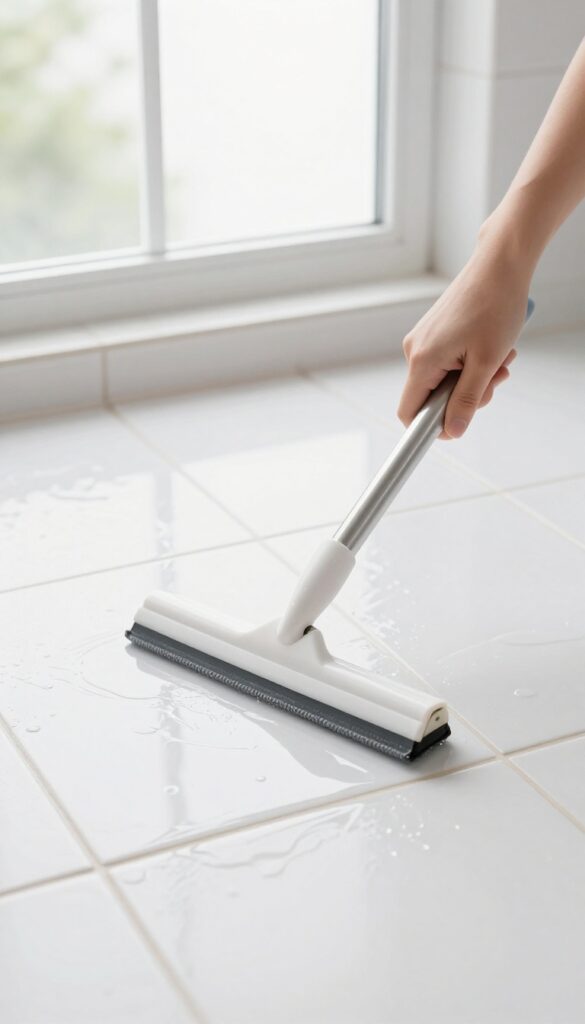 Person using a squeegee on wet bathroom tiles to prevent grime buildup