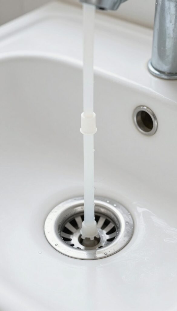 Close-up of a plastic drain snake inserted into a bathroom sink drain, with hair caught on the barbs, in bright natural light.