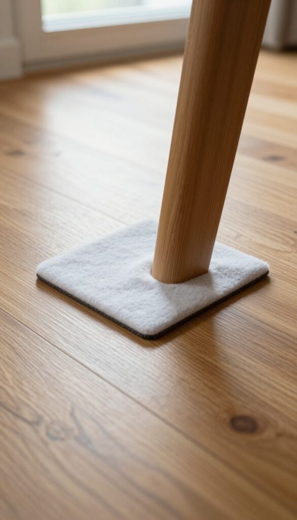 Felt pad under a furniture leg on a shiny wood floor