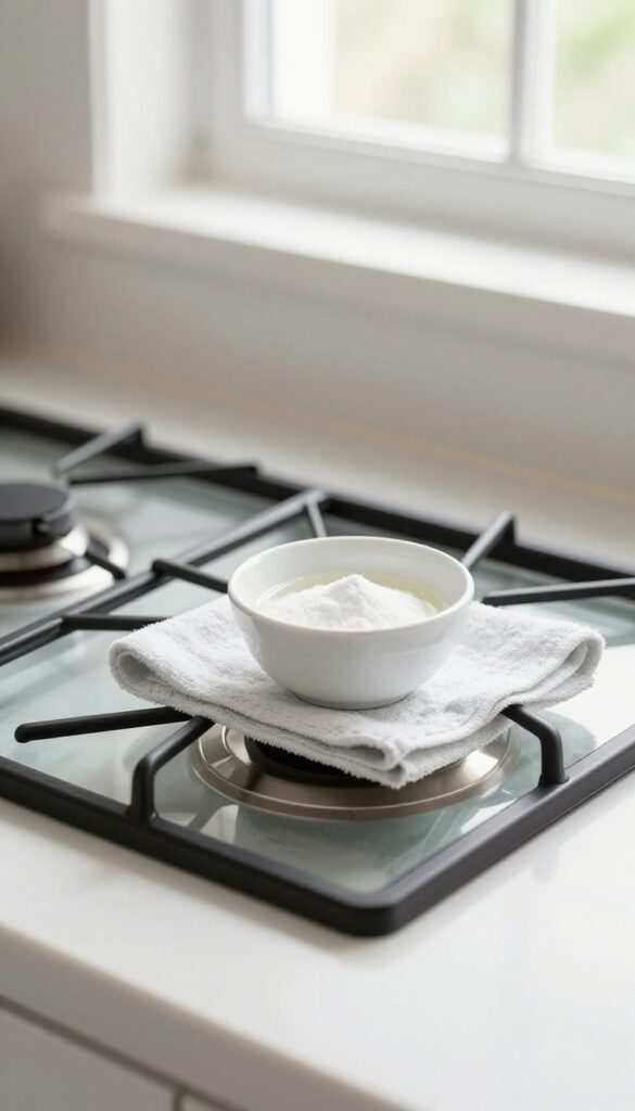 Glass stove top with natural cleaning supplies like vinegar and baking soda