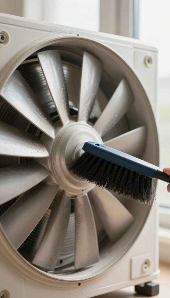 Cleaning a dusty HVAC blower fan with a soft brush to improve indoor air quality.