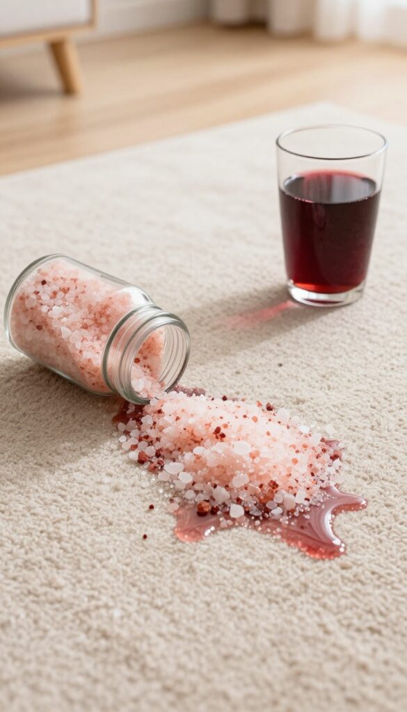 Salt absorbing red wine spill on carpet for stain removal