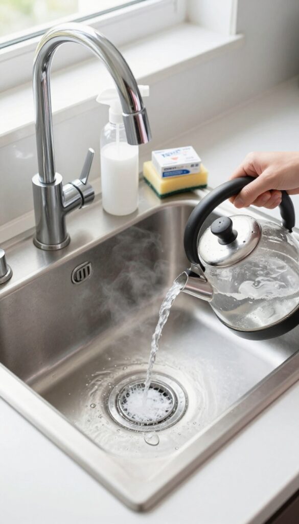Kitchen sink with boiling water being poured into drain, spray bottle and baking soda nearby, bright natural light.