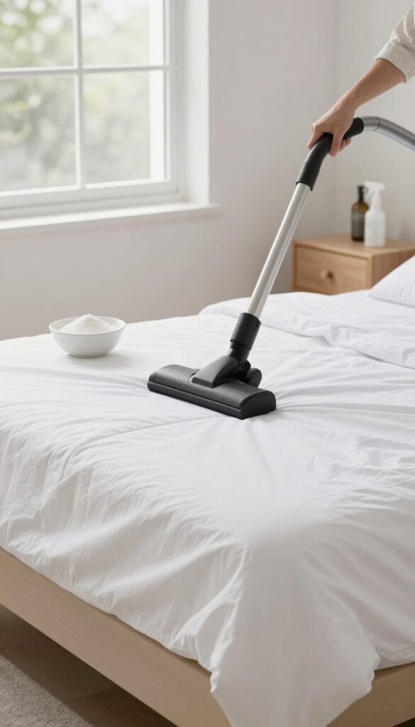Person vacuuming a mattress in a bright, clean bedroom