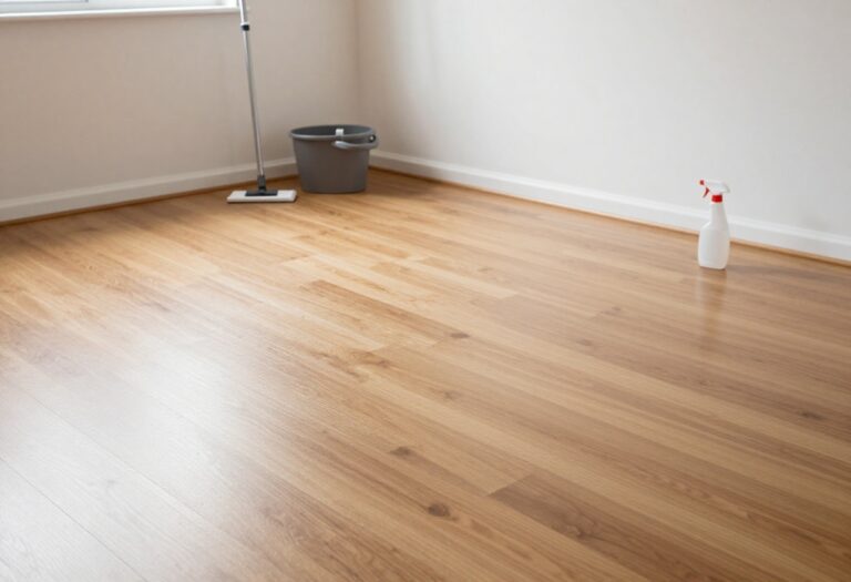 Clean hardwood floor with mop and cleaning supplies in a bright living room