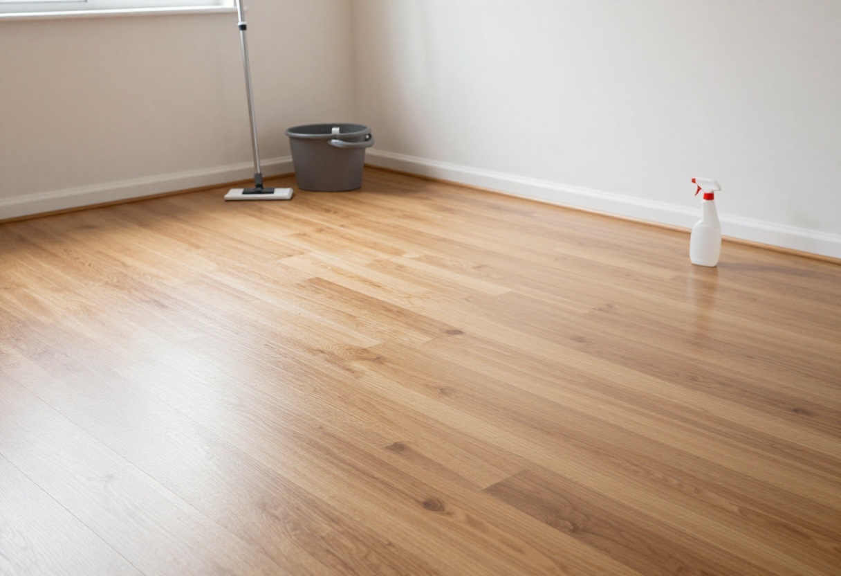 Clean hardwood floor with mop and cleaning supplies in a bright living room