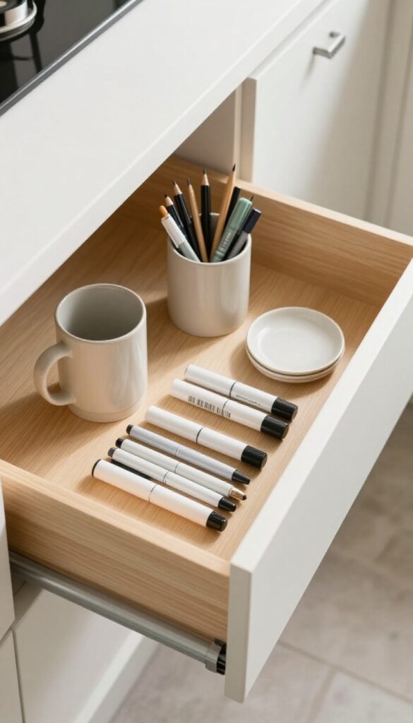 Open kitchen drawer with a ceramic mug holding pens and markers upright, sorted by color, in bright natural light.