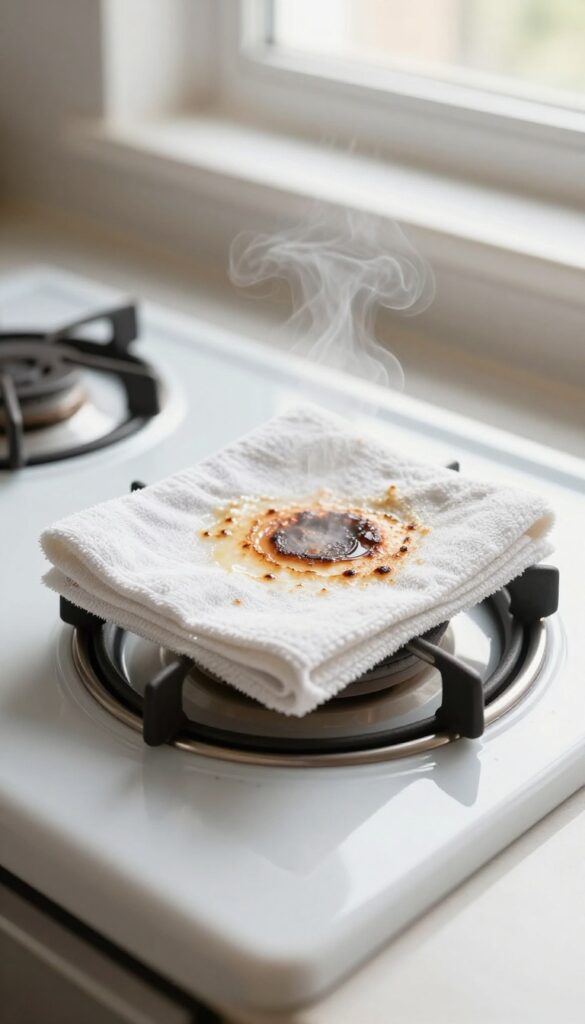 Damp microfiber cloth on warm ceramic stove top releasing steam to loosen burnt food residue