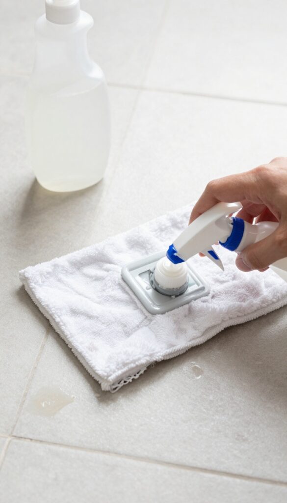 Cleaning a sticky spill on tile floor with white vinegar and dish soap solution using a microfiber mop.
