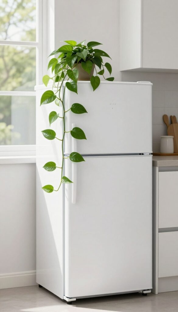Pothos plant cascading from top of fridge in bright kitchen