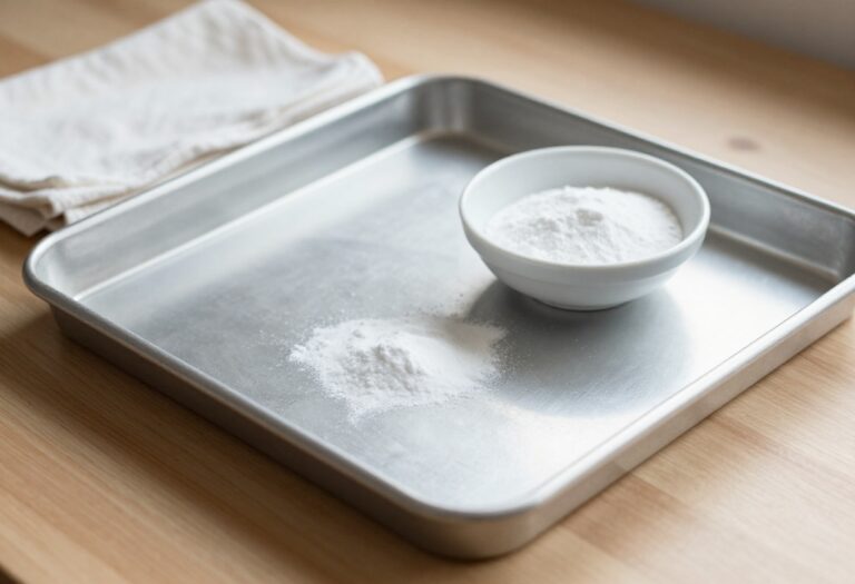 Clean cookie sheet with baking soda and cloth on wooden counter