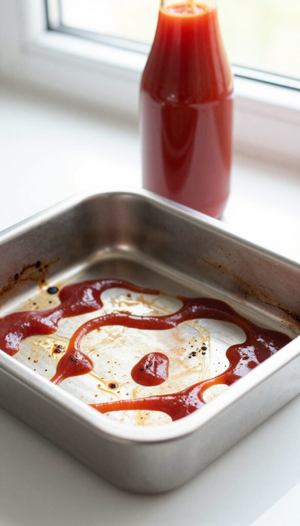 Ketchup applied to burnt cookie sheet for cleaning