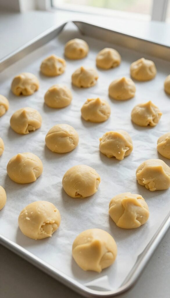 Cookie sheet lined with parchment paper and silicone mat, ready for baking