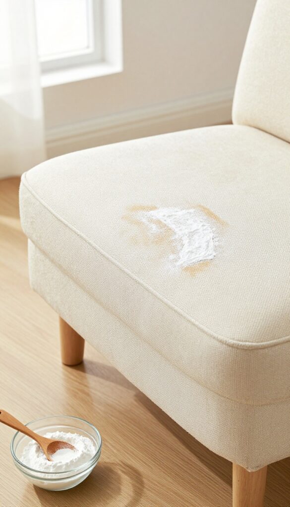 Baking soda sprinkled on a grease stain on upholstered chair arm