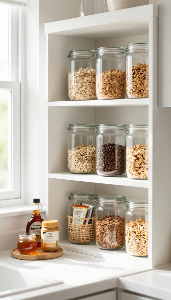 Organized breakfast station in a kitchen pantry with clear canisters, turntable, and labeled baskets.
