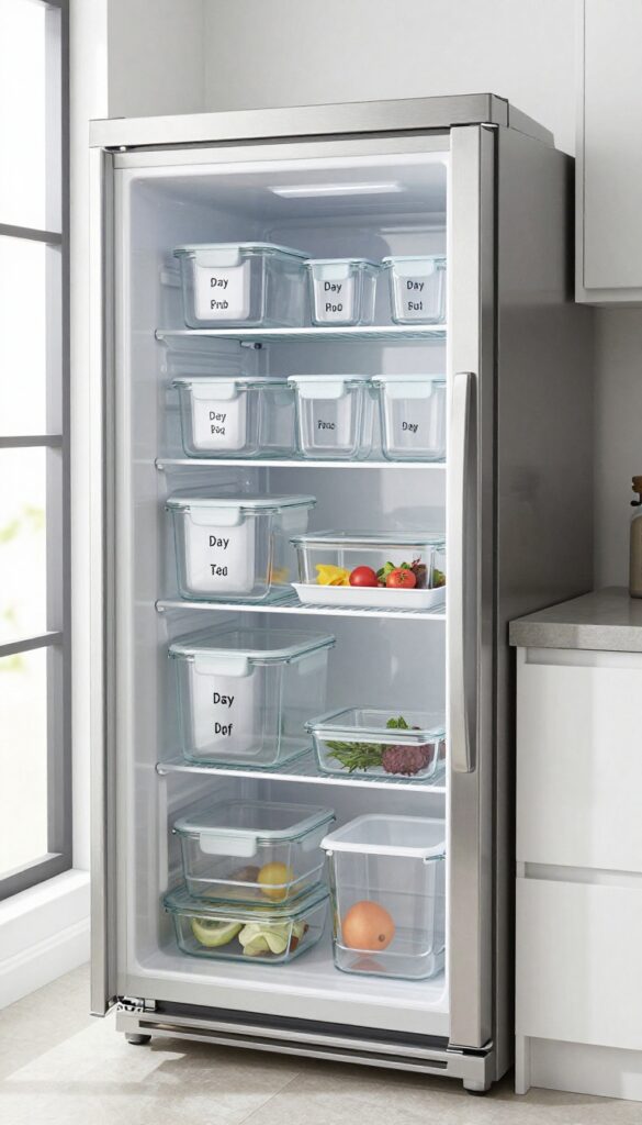 Organized refrigerator with labeled shelf for leftovers, clear containers on a tray, bright natural light
