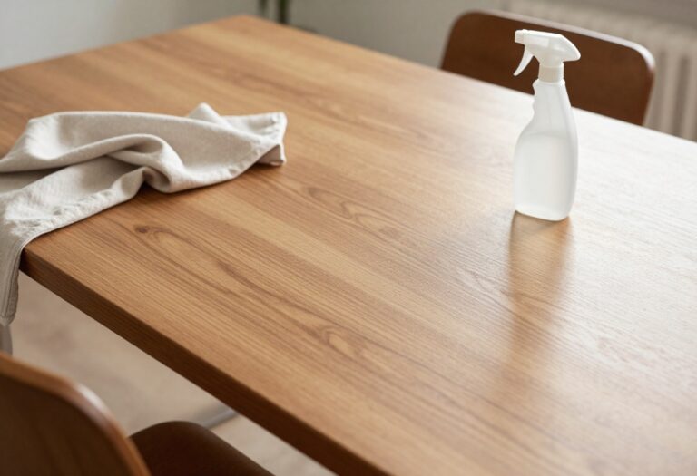 Polished wooden dining table with cleaning supplies