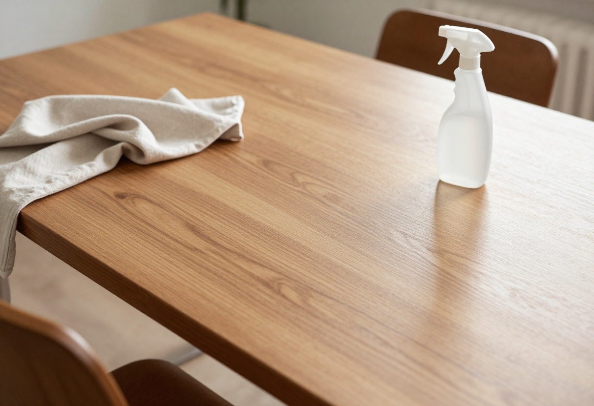 Polished wooden dining table with cleaning supplies