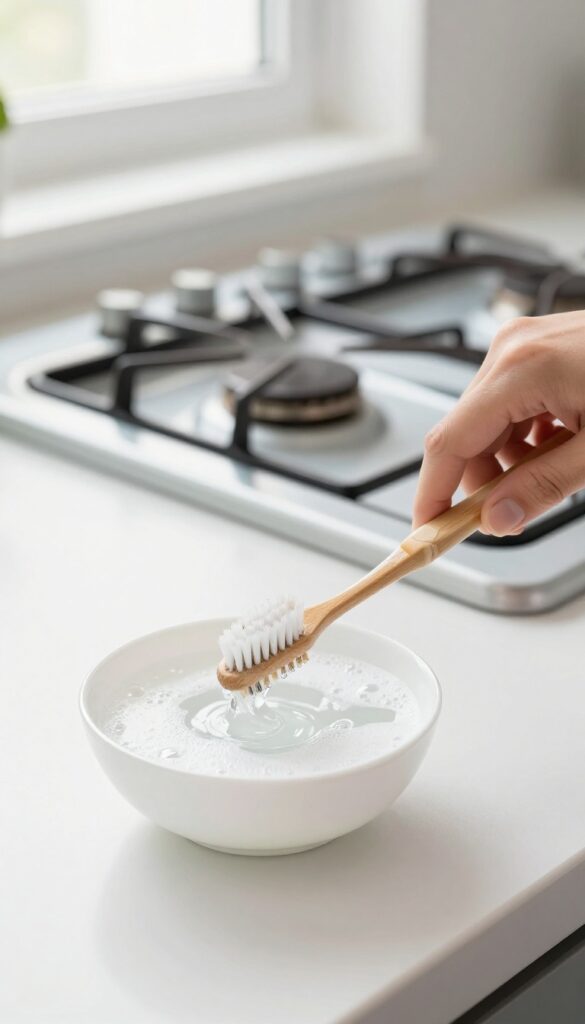 Cleaning gas stove control knobs with a toothbrush in a bright kitchen