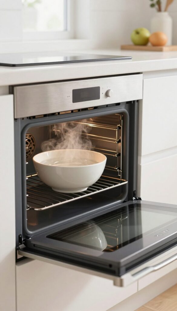 Steam cleaning an oven with a bowl of water on the bottom rack