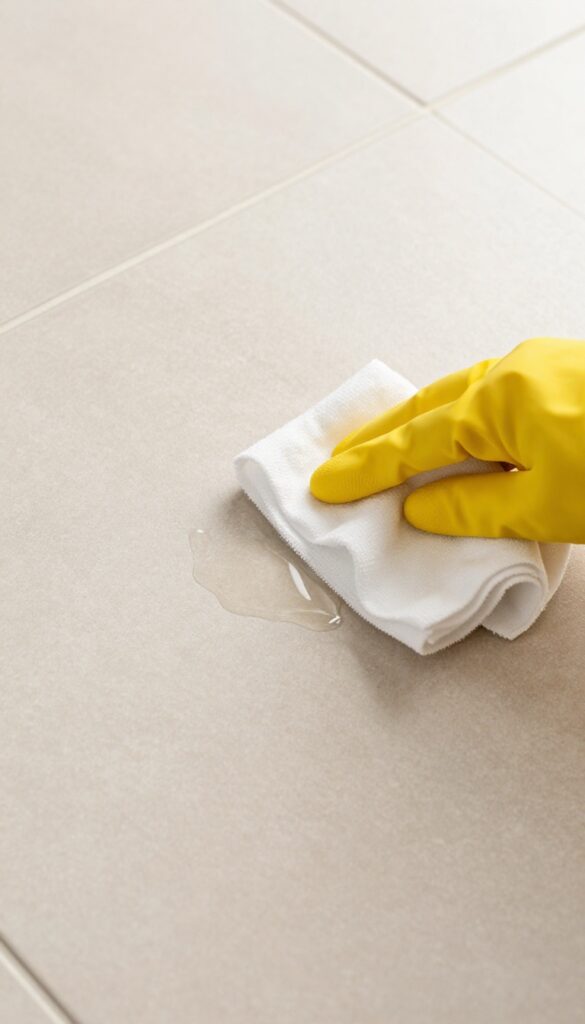 Hand wiping a sticky spot on a tile floor with a cloth dampened with rubbing alcohol