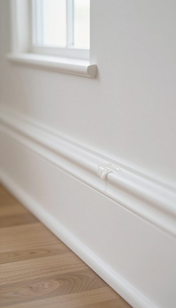 Applying clear wax to a clean white baseboard for protection against dust and scuff marks