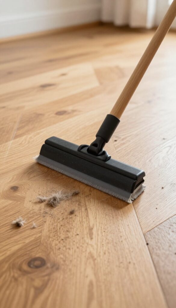 Using a rubber squeegee to collect pet hair on a hardwood floor