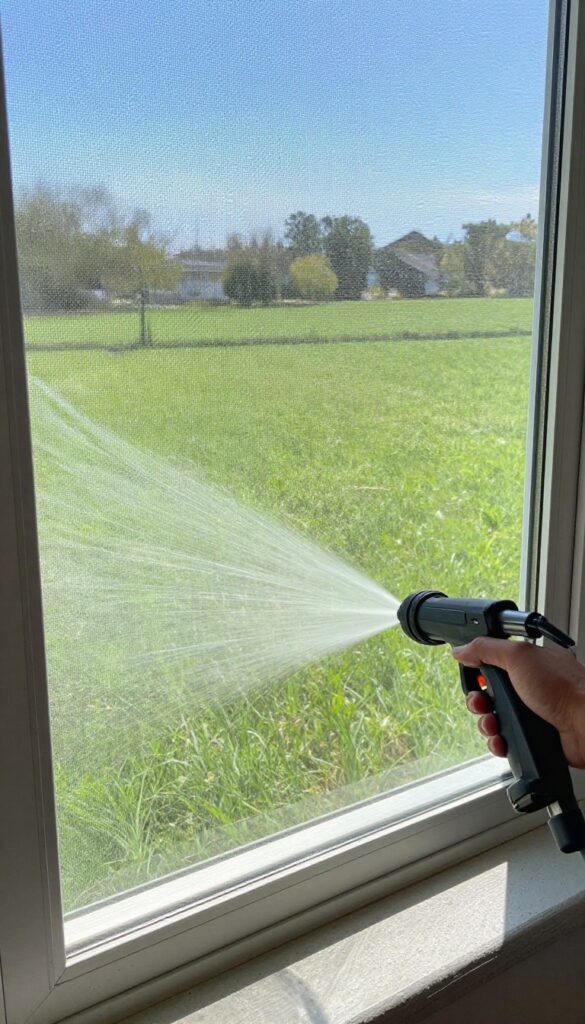 Person pressure washing a window screen on a driveway with low pressure setting