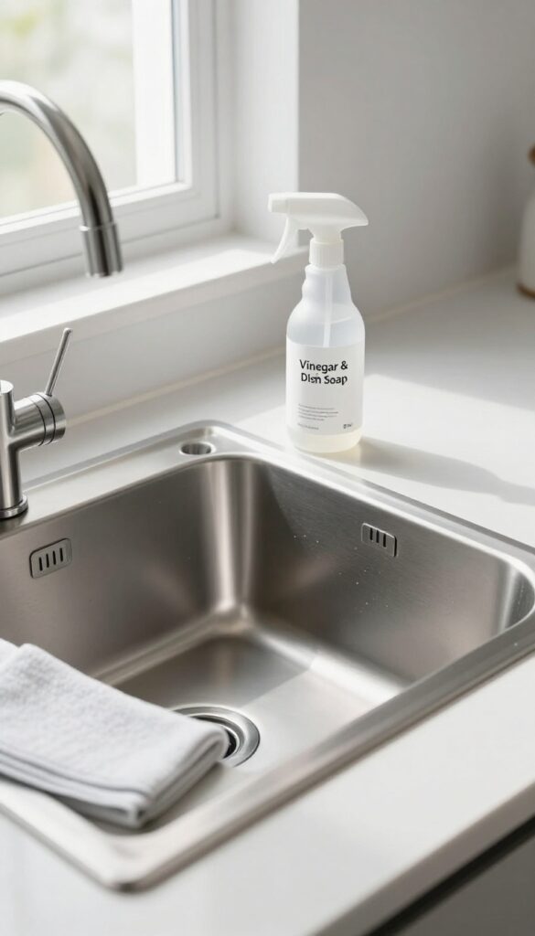 Stainless steel sink with a spray bottle of vinegar and dish soap, clean and shining in natural light