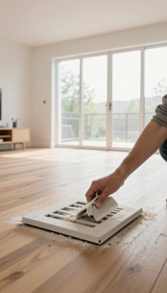 Person removing a dusty vent cover after renovation, showing construction debris inside the duct.