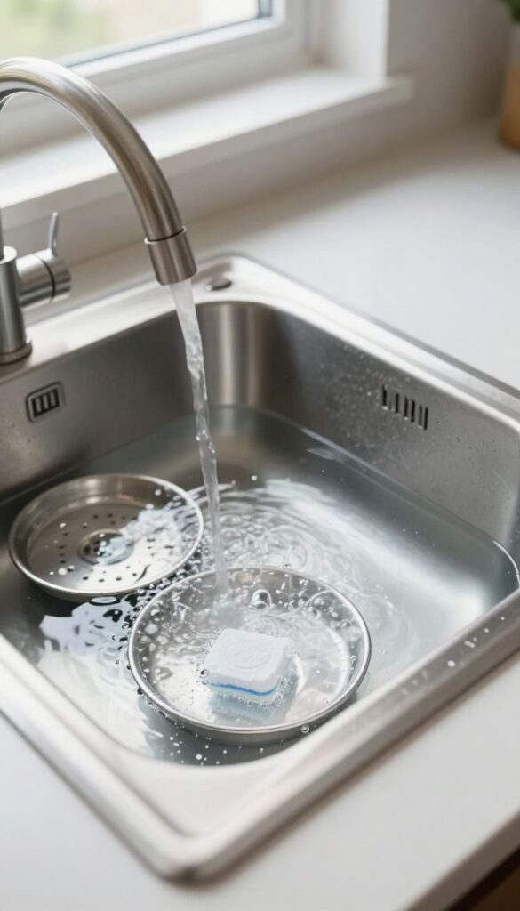 Drip pans soaking in hot water with a dishwasher tablet, kitchen sink, bright natural light.