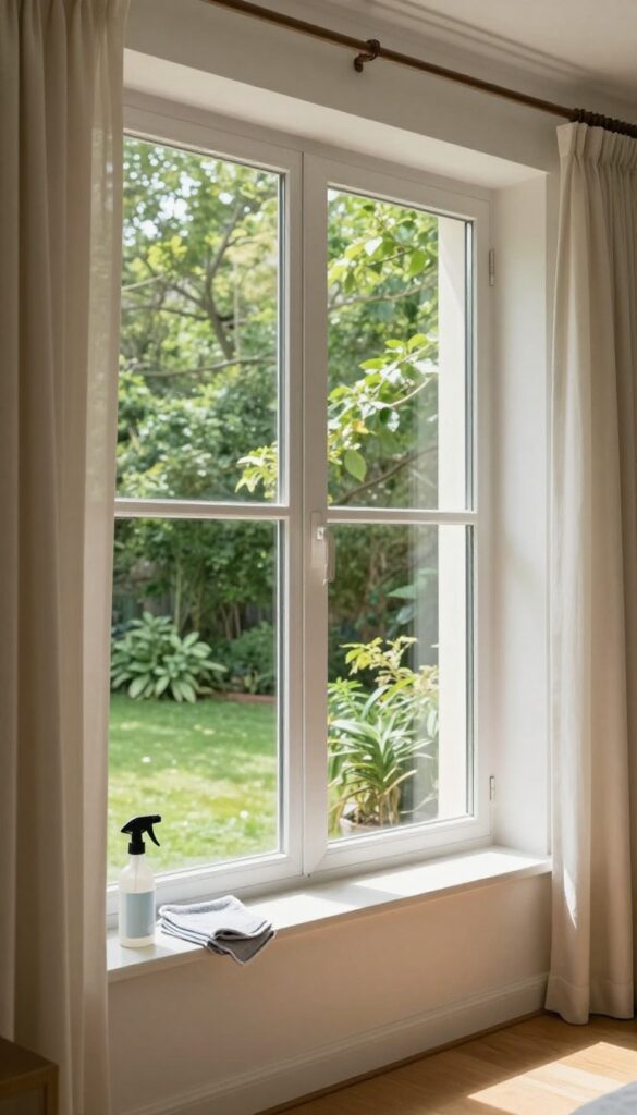 Clean streak-free window with cleaning supplies on windowsill in bright sunlit room