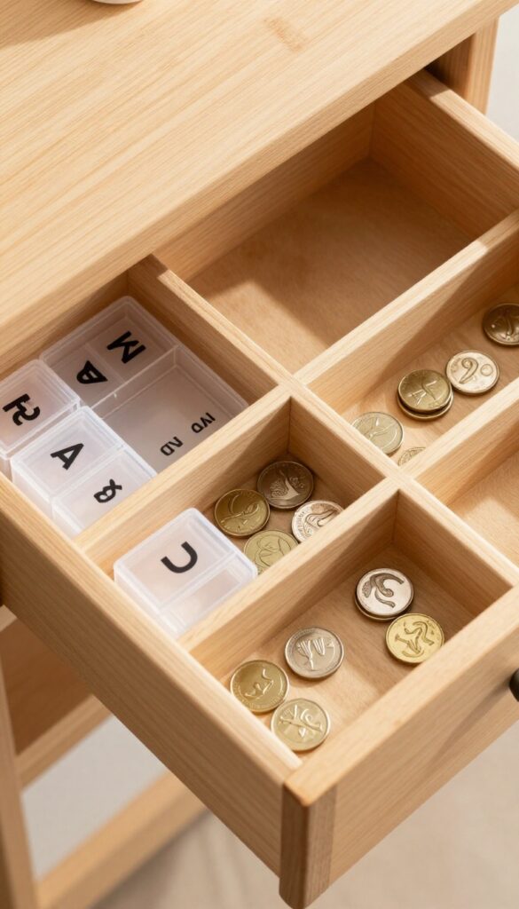 Clear plastic pill organizer with compartments holding various battery sizes in a wooden drawer