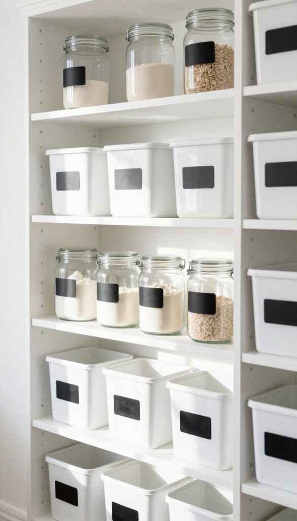 Organized pantry with labeled glass jars and bins on white shelves, natural light, clean and bright.