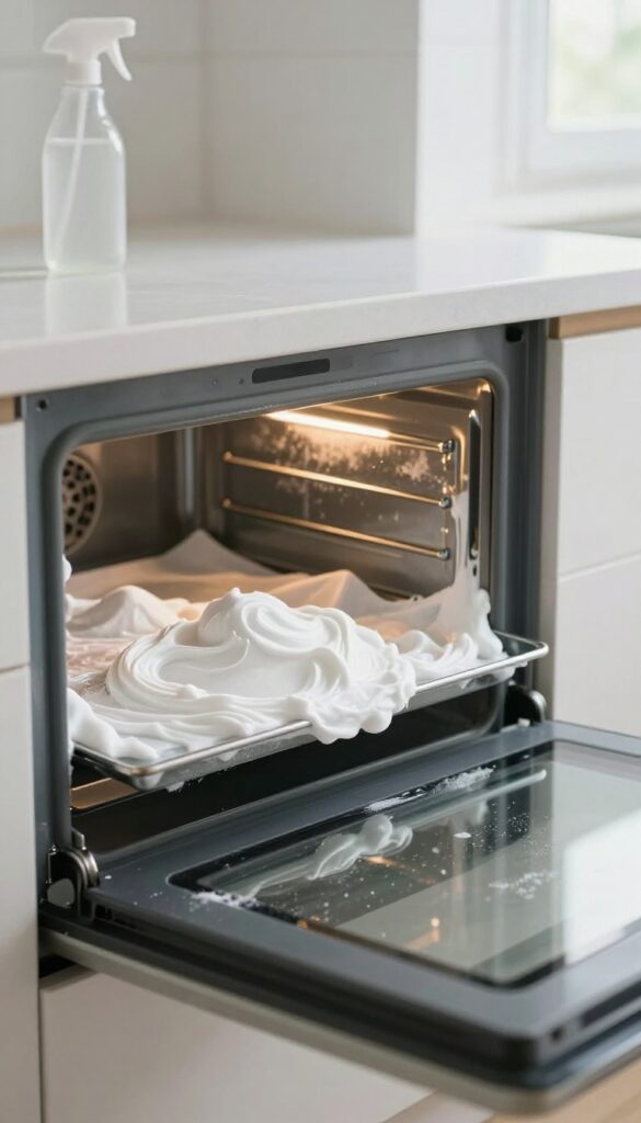 Baking soda paste applied to greasy oven door and interior for cleaning