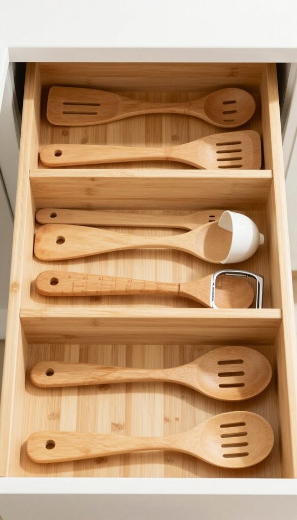 Organized kitchen drawer with bamboo inserts for utensils and gadgets
