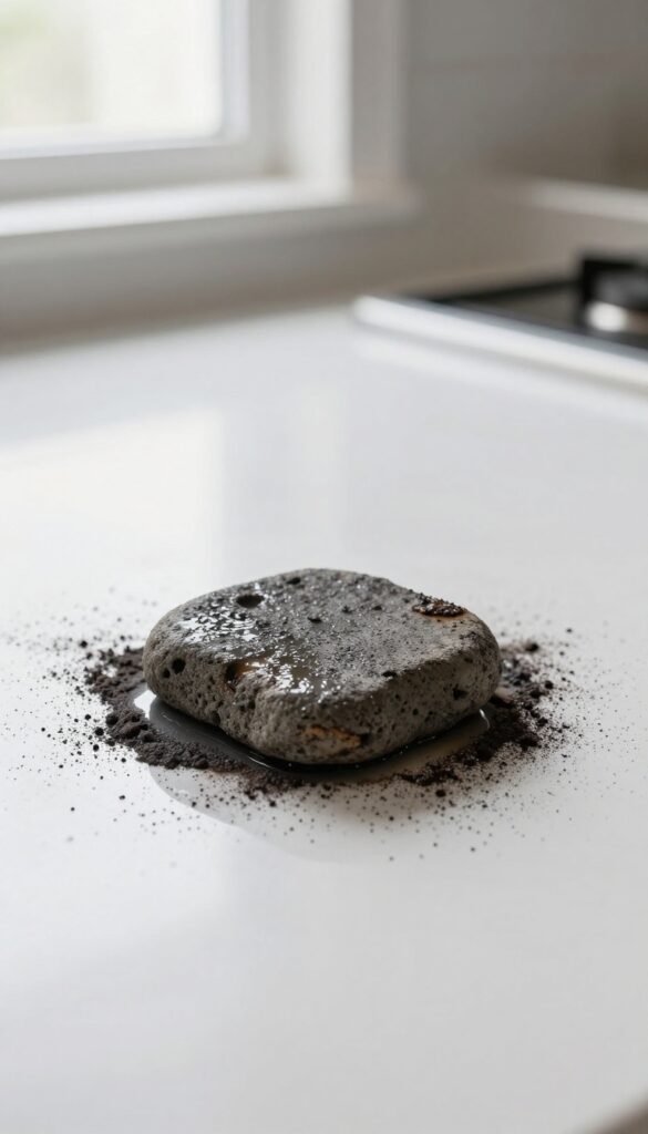 Close-up of a wet pumice stone removing a burnt-on spill from an oven floor with fine powder residue