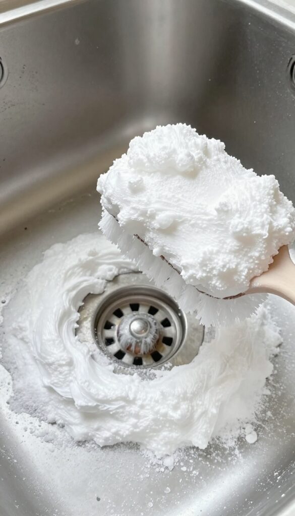 Close-up of cleaning a sink drain with salt and baking soda scrub using a brush